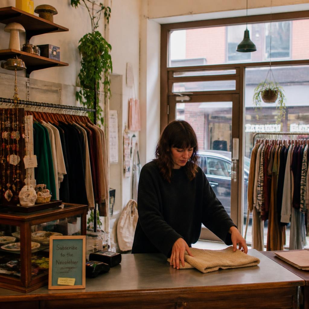 Boutique owner folding clothes at the shop counter